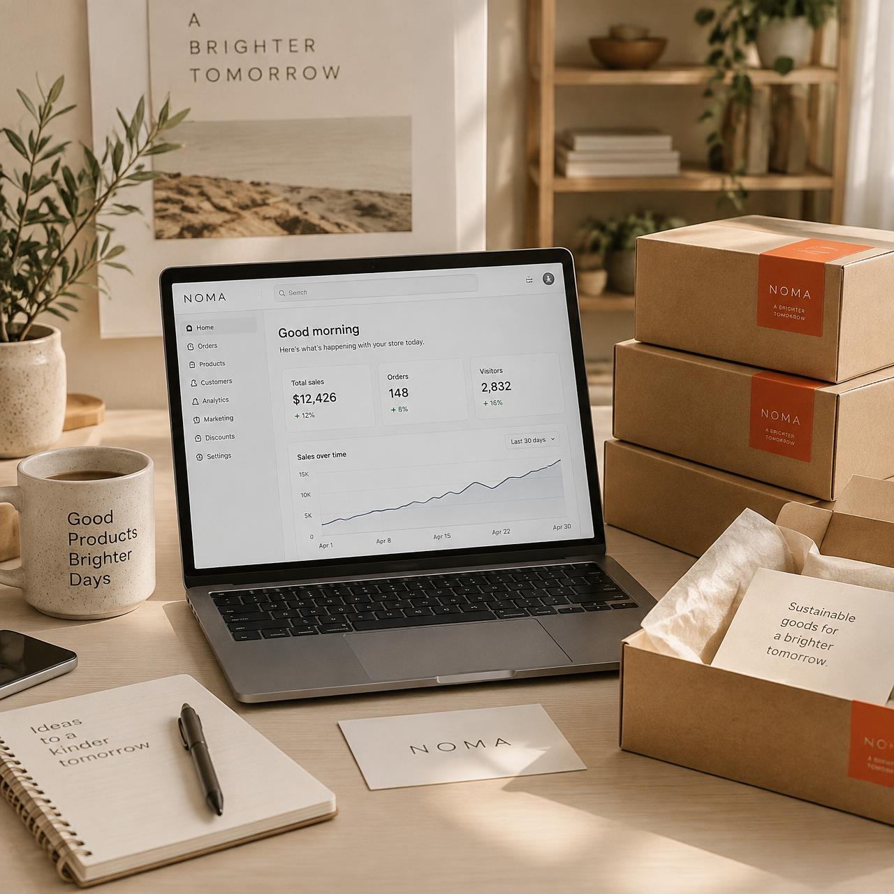 E-commerce workspace with store dashboard and shipping boxes